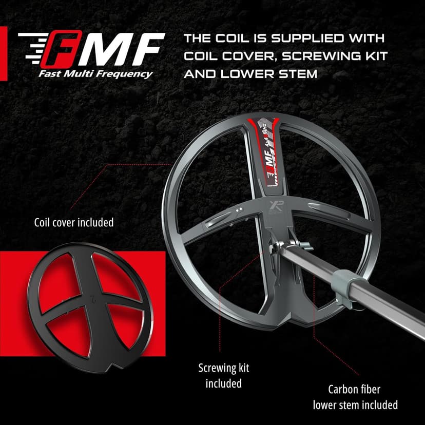 XP Metal Detectors 11” FMF Coil Compatible with Deus II Metal Detector - Fast and Simultaneous Multi Frequency Coil from 4 to 45 kHz - with Coil Cover & Lower Stem