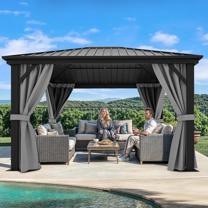 YITAHOME 10X12FT Hardtop Metal Gazebo Outdoor Patio Single Top Canopy Galvanized Iron Aluminum Column Garden Tent Curtains Netting for Backyards Decks Lawns,Gray
