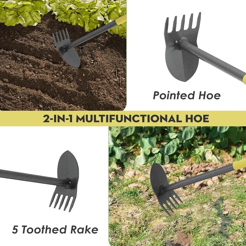 Garden Hoe, 17 to 45 Inch Hoe Garden Tools with Adjustable Handle Length, 2 in 1 Weeding Tool with 5 Tooth Rake, Hoe Garden Tool for Loosening Soil, Planting, Weeding