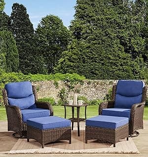 Luxury High Back, Extra Thick Cushion 5-Piece Patio Conversation Set with Swivel Rocking Chairs & Ottomans, Outdoor Furniture for Porch, Deck, Garden in Blue