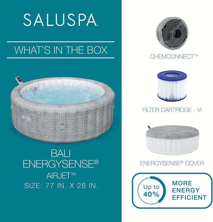 Bestway SaluSpa Bali Smart AirJet Inflatable Hot Tub Round Portable 4 to 6 Person Spa with 140 AirJets, App Control and EnergySense Cover, Grey Rattan