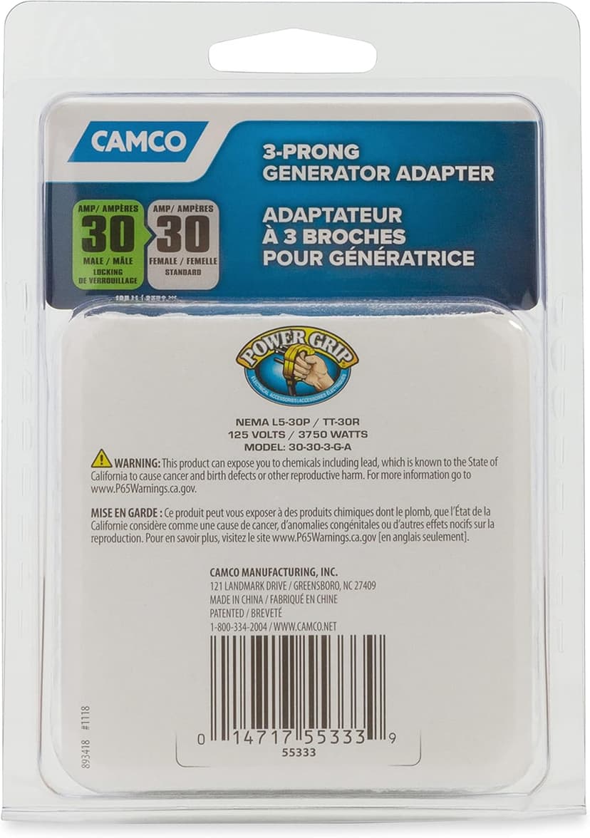 Camco Power Grip Camper/RV Generator Adapter | Features a Heavy-Duty 30 Amp Locking Male and Female Connection | Rated for 125 Volts / 3750 Watts (55333)
