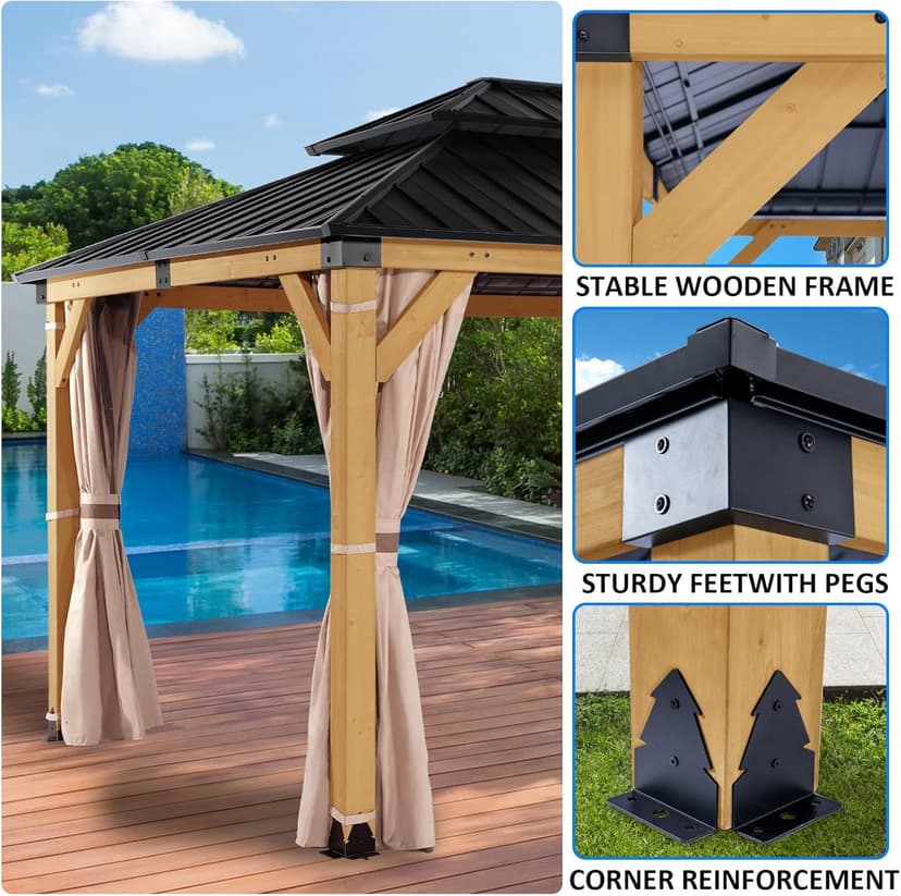 StarEcho 10'x12' Wooden Hardtop Gazebo,Wood Heavy Duty Solid Cedar Gazebos with Mosquito Netting and Waterproof Curtains,Outdoor Metal Canopy for Backyard,Lawn, Garden, Deck