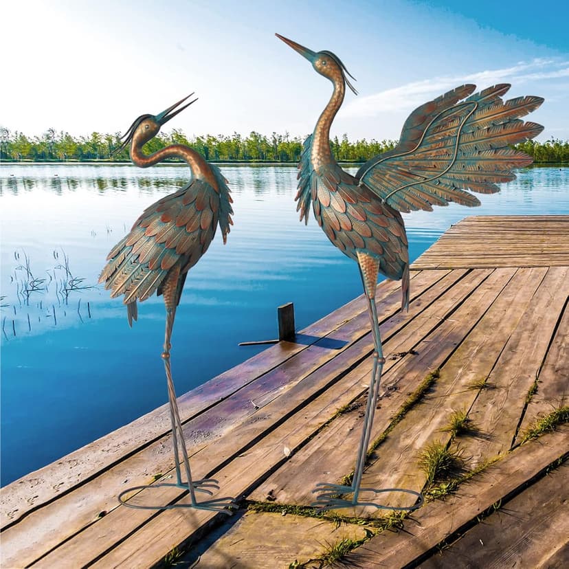 Metal Heron Yard Art, Standing Garden Sculptures & Statues for Outdoor Decor, 38-42 Inch Set of 2, Copper