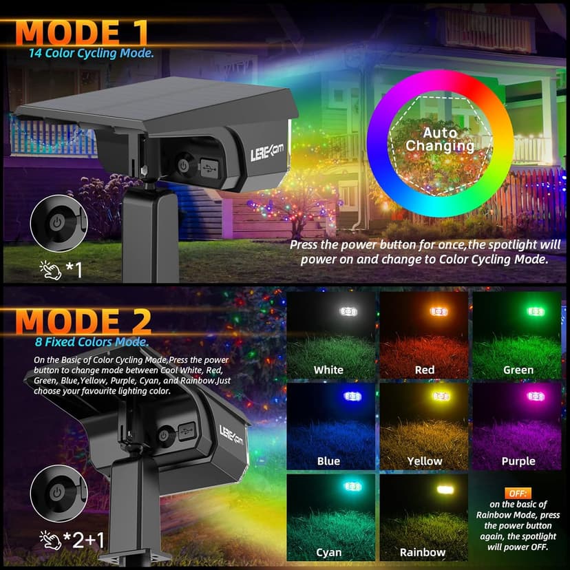 Solar Spotlights Outdoor,40 LEDs Color Changing RGB Landscape Path Lights,USB & Powered Multicoloured Spotlights,14 Colors Auto Cycling for Yard,Garden,2 Pack