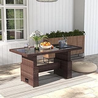 SUNSITT Outdoor Patio Lift Dining Table, Rectangle Patio Coffee Table with Glass Tabletop, Wicker Furniture Multi-Function Dining Table for Backyard, Deck, Garden, Brown