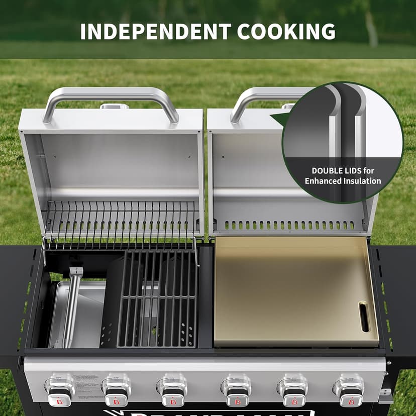 Brand-Man Griddle Grill Combo 6-Burner, 2 in 1 Versatile Propane Gas Grill and Griddle with Double Lids, BBQ Combo for Outdoor Kitchen & Backyard Barbecue Cooking