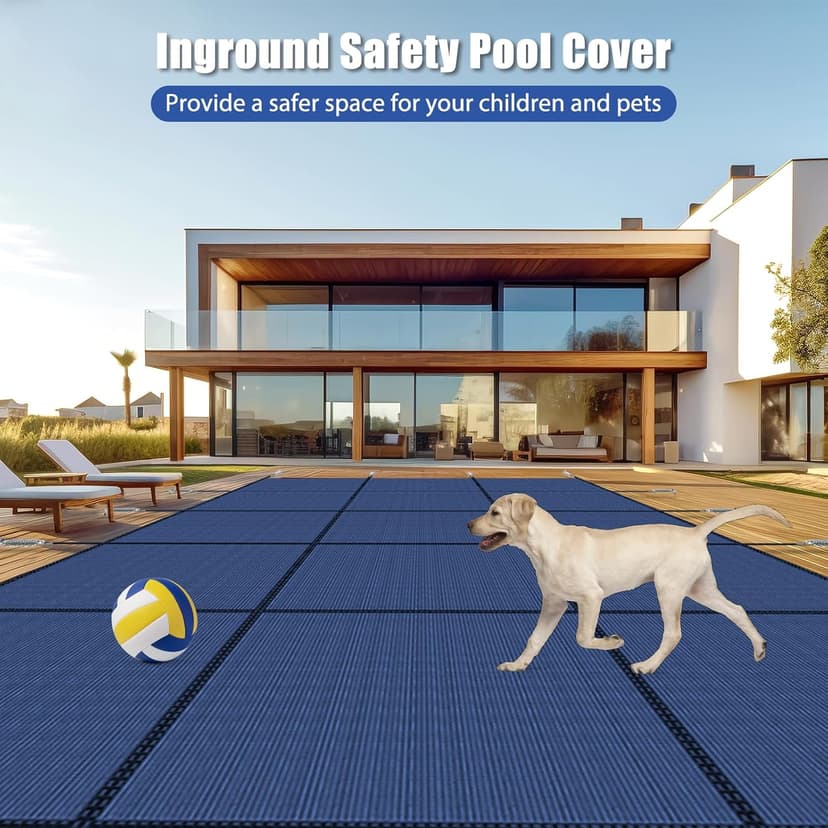 Inground Pool Cover Safety Fits Rectangle Swimming Pool, Mesh Solid Pool Cover for Inground Pools,Winter Pool Safety Cover Includes Safety Net and Installation Tools Blue (Blue, Fits 18x36ft Pools)
