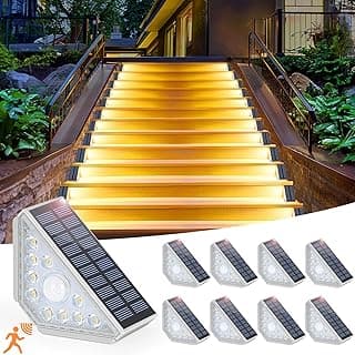 Motion Sensor Solar Stair Lights Outdoor, 8-Pack Super Bright LED Solar Powered Step Lights for Outside, 550LM IP67 Waterproof Outdoor Sensor Lights for Stair Porch Yard Deck, Warm White