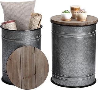 RUSTOWN Farmhouse Accent Side Table, Rustic Storage Ottoman Seat Stool, Galvanized Antique Metal End Table Box Bin with Round Wood Lid, Coffee or Cocktail Table, Nesting Pieces Two (Pure Galvanized)