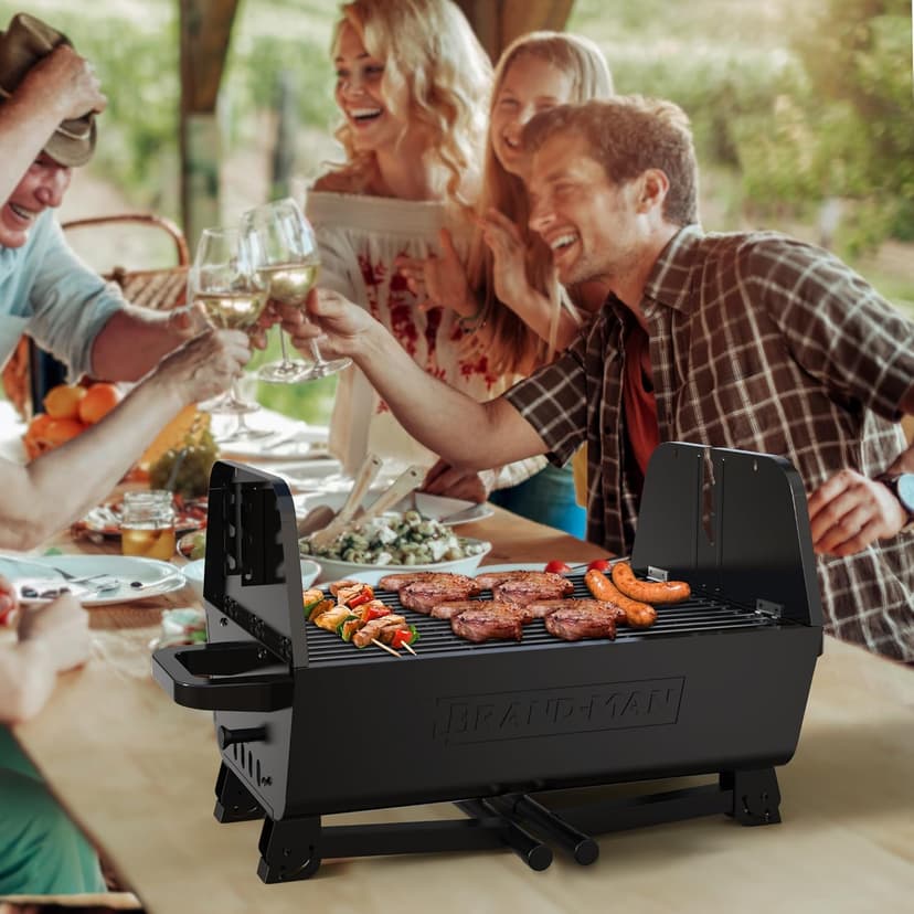 Brand-Man portable Charcoal Grill with Motor, 2-in-1 Adjustable Spit Roaster & BBQ Grill for Camping, Tailgating, Backyard, & Outdoor Cooking, Foldable Legs & dual side vents