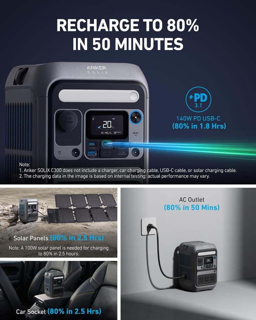 Anker SOLIX C300 Portable Power Station, Outdoor 288Wh LiFePO4 Battery, 300W (600W Surge) Solar Generator, 140W Two-Way Fast Charging, for Camping, Traveling, and Emergencies (Solar Panel Optional)