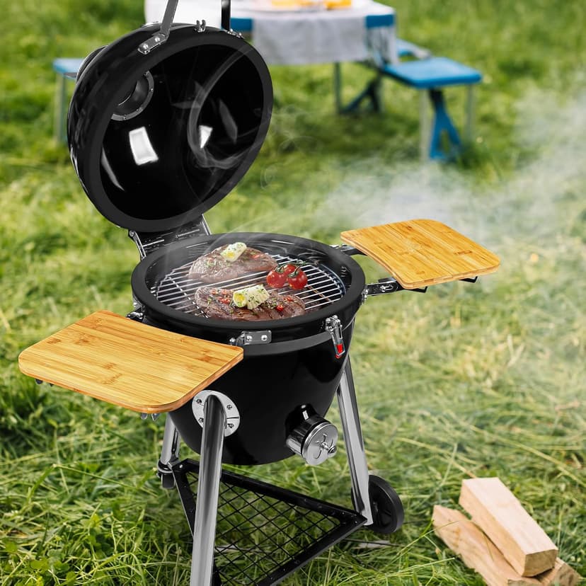 Large Kamado Charcoal Grill, Charcoal Grill with Smoker and Locking Lid, Kamado Charcoal Grill with Side Tray, Easy to Move and Clean, 18 Inches Large Charcoal Grills for Outdoor Cooking
