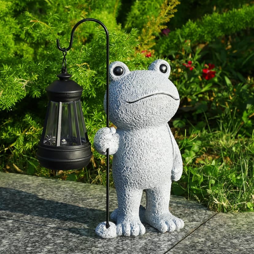 Garden Statue Frog Outdoor Decor, Solar Patio Garden Sculptures & Statues, Resin Garden Decor Gift for Women, Mom, Grandma, Stone