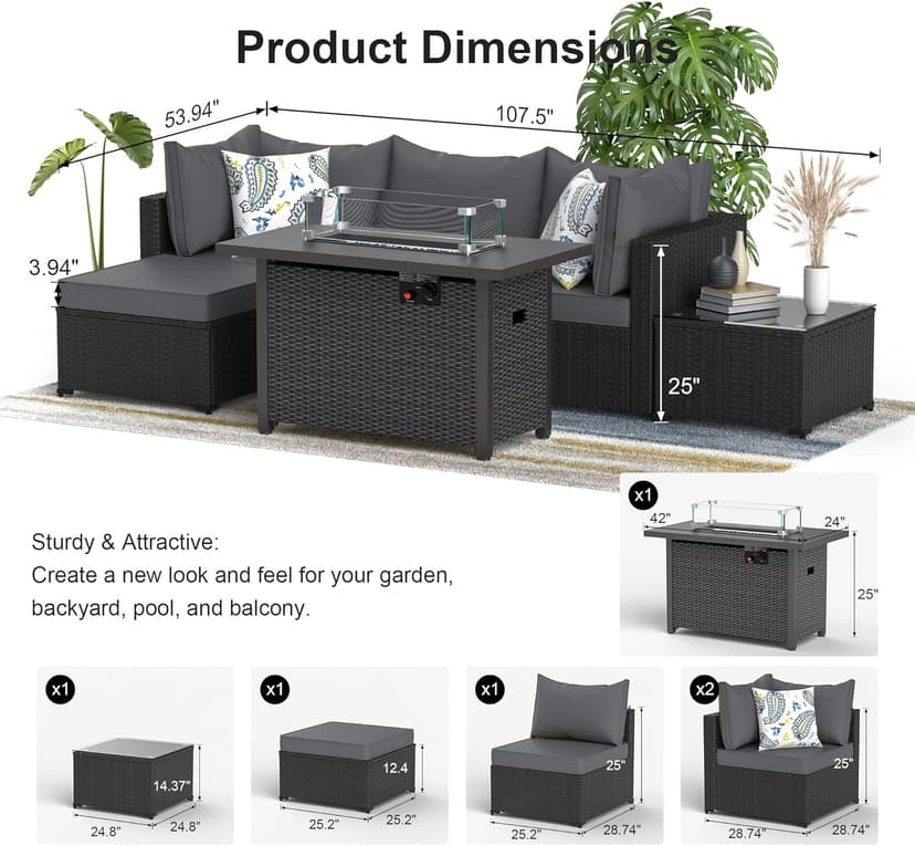 Patio Furniture Set with Fire Pit Table, 6PCS Outdoor Conversation Sets Waterproof Rattan Sectional Sofa with 4” Thickened Cushion Modular Wicker Patio Furniture Set with Glass Top Table (Grey)