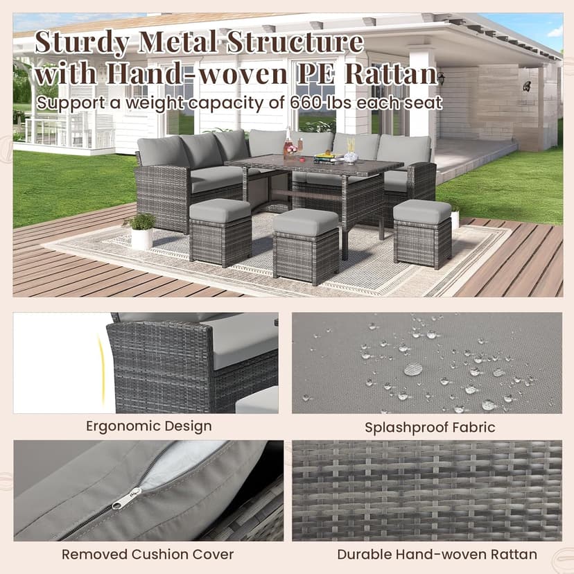 U-MAX 7 Pieces Patio Furniture Set with 43 Inch Fire Pit Table, Outdoor Sectional Sofa Conversation Set, All Weather Wicker Rattan Dining Table & Chair with Ottoman, Grey Rattan&Grey Cushion