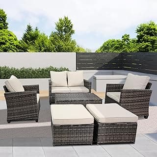 6 Piece Rattan Outdoor Patio Furniture Set, Weather-Resistant Outdoor Conversation Furniture with Storage Box, Outdoor Patio Modular Sofa Set with Thick Cushions and Backrest, Beige