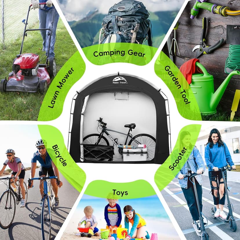 Happy Travel Bike Storage Tent Shed,Large Outdoor Waterproof Bicycle Covers Shelter with Window for 2/3 Bikes,Oversized Outside Portable Sheds for Lawn Mower,Garden Tools (Black)