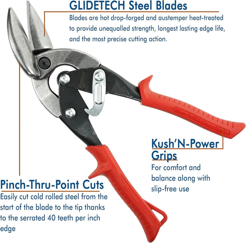 MIDWEST Aviation Snip Set - Left and Right Cut Offset Tin Cutting Shears with Forged Blade & KUSH'N-POWER Comfort Grips - MWT-6510C