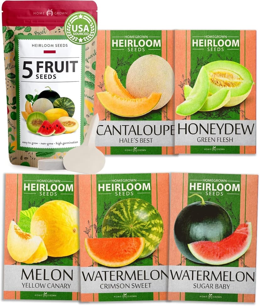 HOME GROWN Melon Seeds Variety Pack – 5 𝗡𝗢𝗡-𝗚𝗠𝗢 Heirloom Fruit Seeds: Watermelon, Cantaloupe, Honeydew, Sugar Baby & Melon – High Germination 𝗨𝗦𝗔 for Planting Home Garden Indoors.