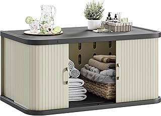 YITAHOME 37 Gallon Outdoor Storage Cabinet w/Sliding Doors, Medium Double-Wall Resin Storage Cabinets, Waterproof Storage Box for Outdoor/Indoor/Garage/Lawn Care, Light Gray