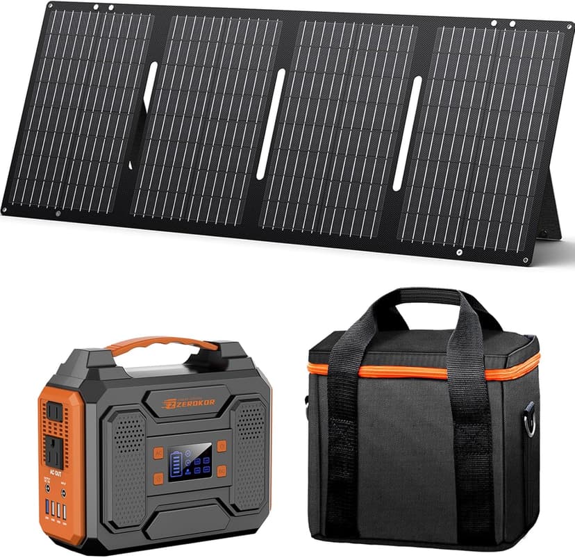 Portable Solar Power Station with Foldable 60W Solar Panel with Power Bank Bag, 110V 300W Generator Power Pack with AC Outlet for Camping Power Outage RV Outdoor Life