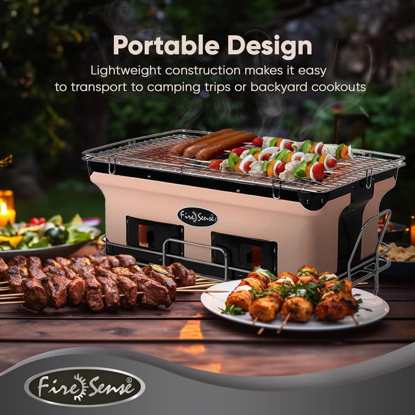 Fire Sense 60450 Yakatori Internal Grates Charcoal Chrome Cooking Grill Japanese Table BBQ Handmade Using Clay Adjustable Ventilation For Outdoor Barbecues Camping Traveling - Large - Tan