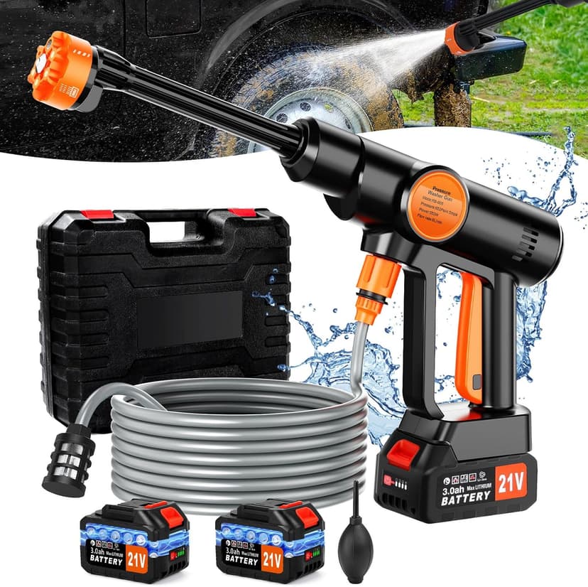 Lemolify 6000mAh Battery Pressure Washer, Electric Power Washer Cordless, Portable Car Pressure Washer Handheld with 6-in-1 Nozzle,17FT Drain Hose, Power Cleaner for Patio Floor Fence Deck,2 Battery