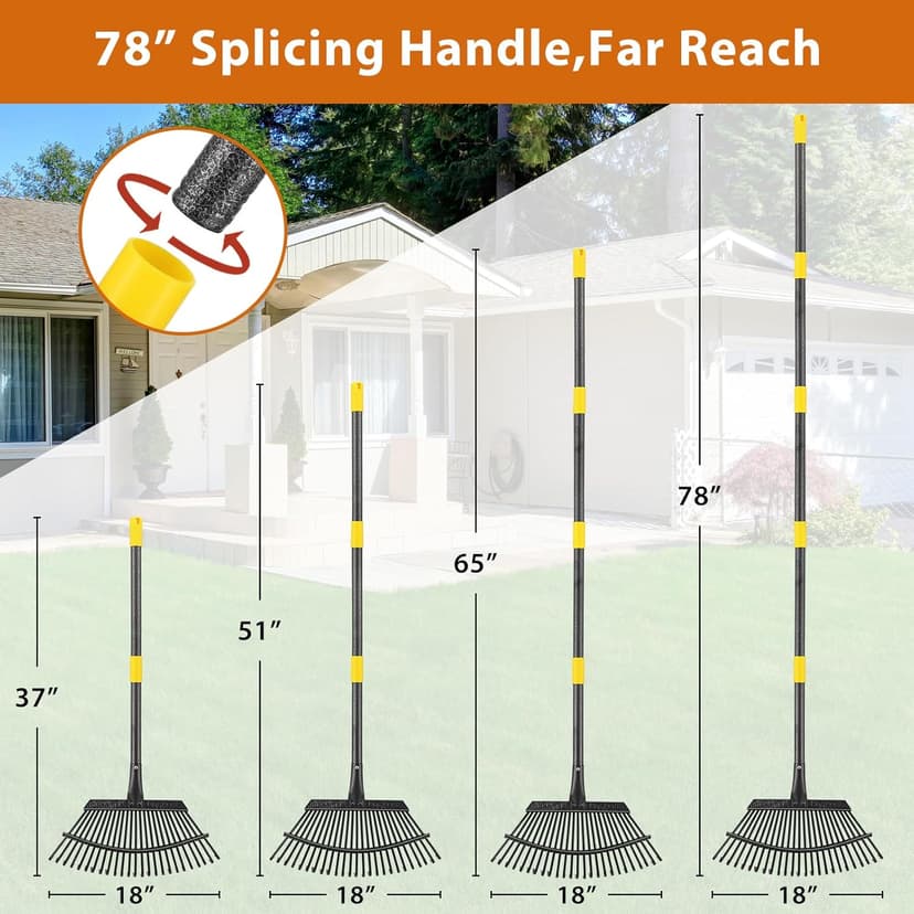 Rake,65 Inch Garden Leaf Rake Set, Wide Heavy Duty Leaves Raking Tools with 25 Metal Tines, 32 Gallon Leaf Bags and Scoops, Yard Garden Thatching Rakes for Lawn Flower Bed Grass Mulch Shrub