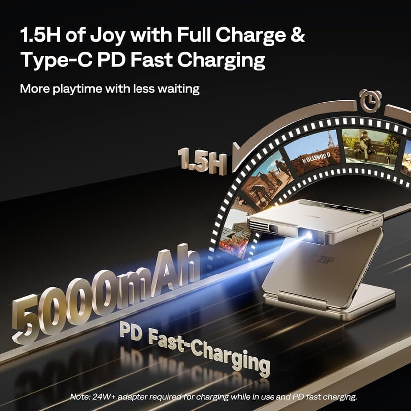 ZIP Tri-Fold Truly Portable DLP Projector, Pocket Size, Zero-Lag Focus, One-Click Screen Mirroring, Full-Screen Mode, Type-C Fast Charging, 5,000mAh Battery, Indoor Outdoor Mini Projector, Gold