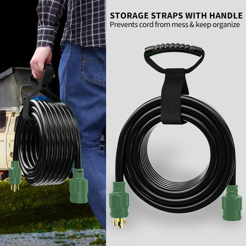 50 FT 30 Amp Generator Extension Cord 4 Prong, Heavy Duty NEMA L14-30P to NEMA L14-30R, 125/250V 7500W, Green 10 Gauge STW Twist Locking House Power Cord, 50 Feet Generator Cable