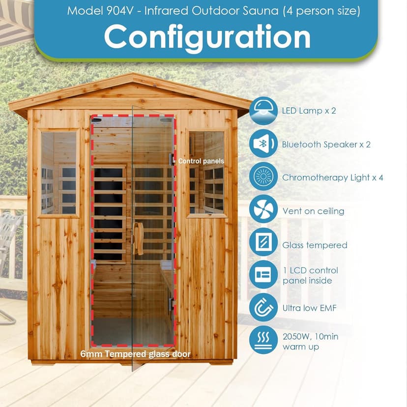 Saunas 904V Far Infrared Sauna, Outdoor Wooden Dry Sauna Low EMF (Hemlock Wood, 4-Person Size)