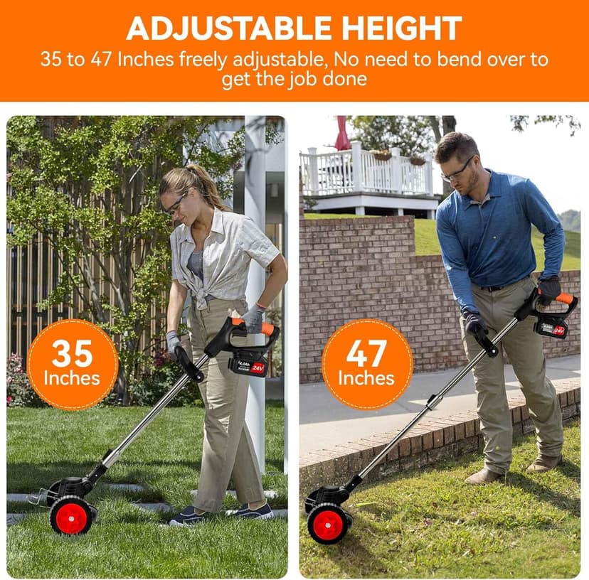 Weed Wacker Cordless,24v Electric Weed Eater Battery Powered,3 in 1 Lightweight Grass Trimmer with 2 4.0 Ah Batteries & Charger, Height Adjustable Wheeled Brush Cutter for Women,Lawn Care,Garden,Yard