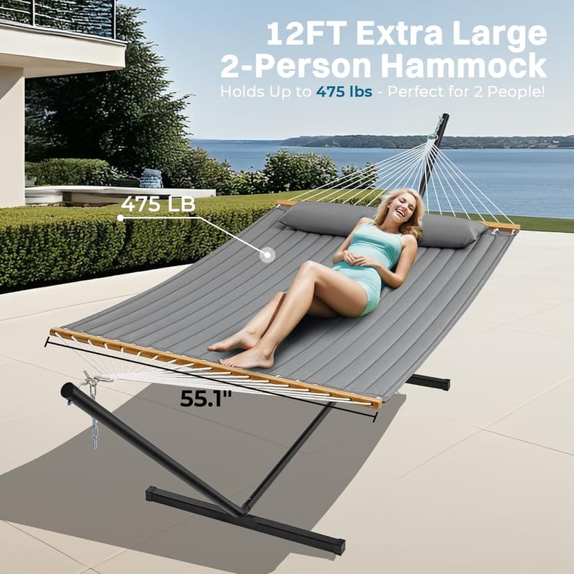 SUPERJARE Hammock with Stand, 2 Person Quilted Outdoor Hammock, Detachable Pillow & Bamboo Spreaders, Portable Hammock with Carrying Bag, Heavy Duty Stand, Perfect for Outside, Patio, Gray