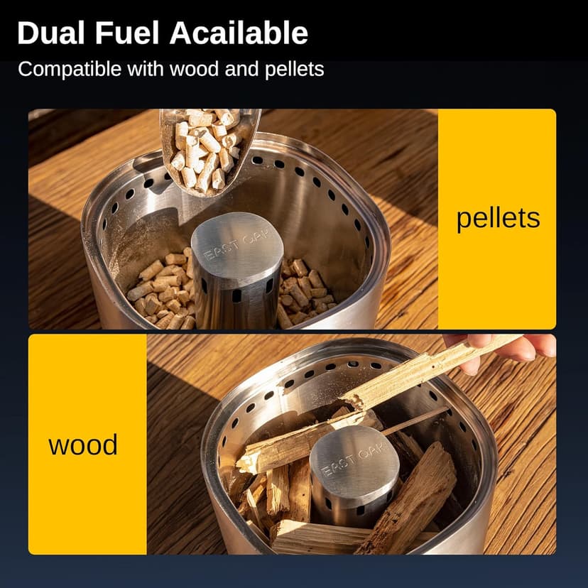 EAST OAK Brasa Smokeless Tabletop Fire Pit, 304 Stainless Steel Mini Tabletop Firepit for Patio and Outdoor Camping, Removable Ashtray, Dual-Fuel Stove, Silicone Pad & Travel Bag, H: 10.1" x D: 7"