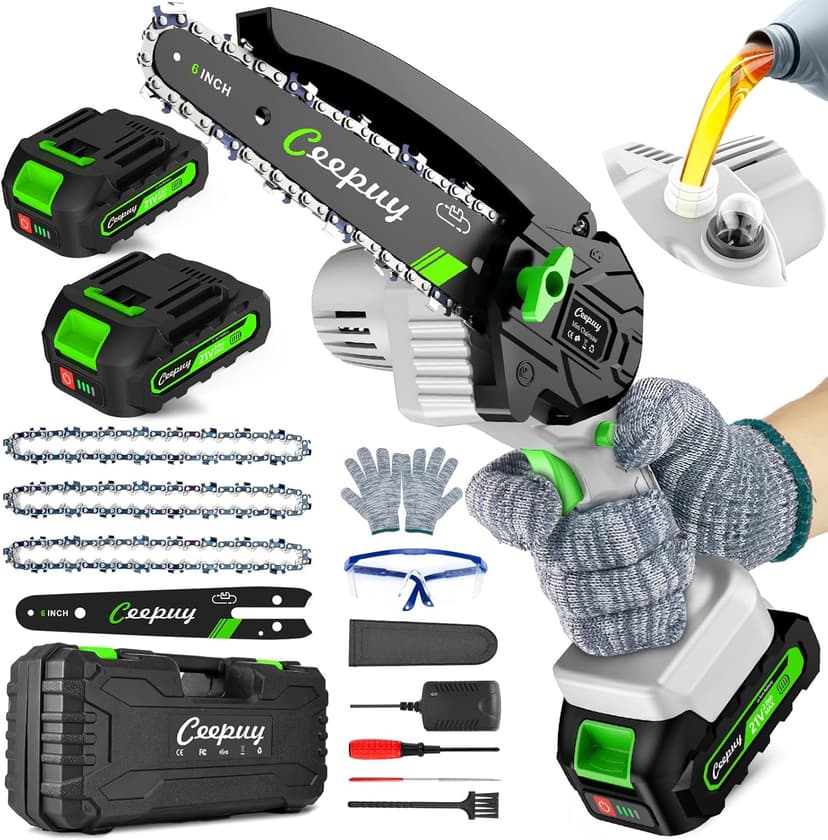 Mini Chainsaw Cordless,6 Inch Portable Electric Chain Saw w/ Automatic Oiler, Battery Powered Small Handheld Saw w/ Security Lock Trees Branches Trimming, Wood Cutting, 2 Batteries 3 Chains