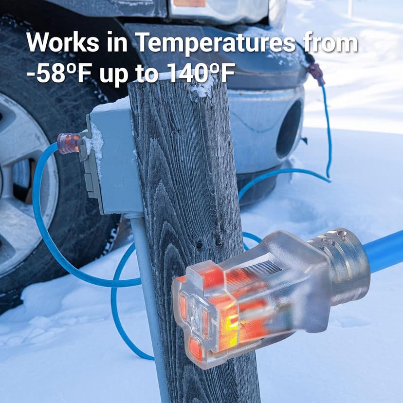 Clear Power 15 ft Extreme Cold Weather Outdoor Extension Cord, Lighted End, 16/3 SJTW, Works Down to -50°C, Power Indicator Light, 3-Prong Grounded Plug, Blue, DCOC-0072-DC