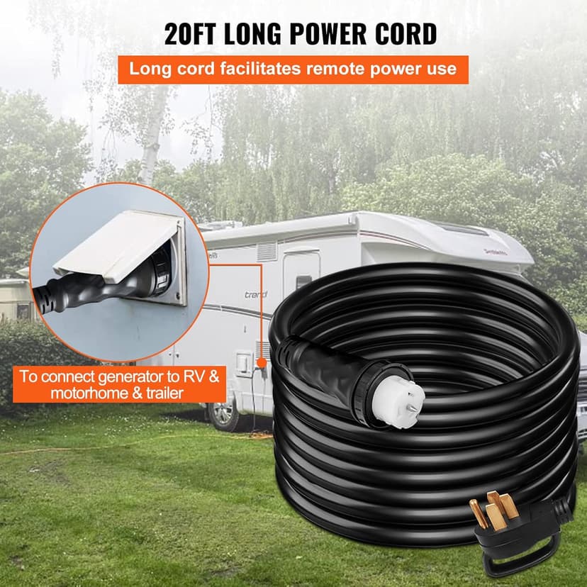 VEVOR 20 FT 50 Amp Generator Extension Cord NEMA N14-50P & SS2-50R & CS6364, STW 6/3 + 8/1 AWG 125V 250V Generator Power Cord Twist Lock Connectors