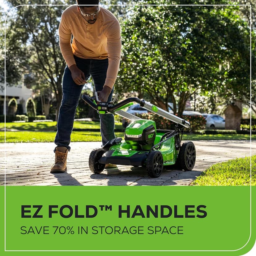 Greenworks 80V 21" Brushless Cordless (Self-Propelled) Lawn Mower (LED Headlight + Aluminum Handles), 4.0Ah Battery and Rapid Charger Included (75+ Compatible Tools)