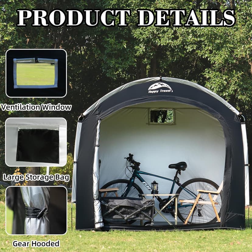 Happy Travel Bike Storage Tent Shed, Outdoor Waterproof Bicycle Covers Shelter with Window for 2/4/6/8 Bikes,Oversized Outside Portable Sheds for Lawn Mower,Garden Tools (Black)