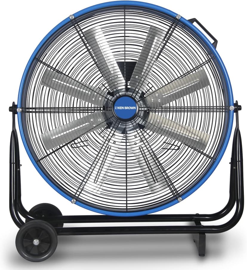 KEN BROWN 24 Inch Industrial Drum Fan, High Velocity Floor Shop Fan, Heavy Duty, 9500 CFM, 8 Blades, 3 Speeds, 360 Degree Tilt, Ideal for Industrial, Commercial, Gym, Garage Use, Blue
