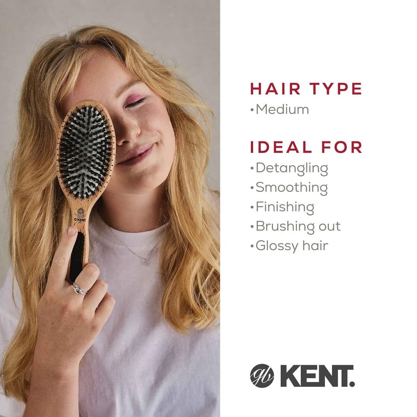 KENT PF01 Large Cushion Detangler Brush, Boar Bristle and Non-Scratch Nylon Mix Hairbrush for Straightening Smoothing. Oval Wood Paddle Detangling Hair Brush for Medium to Long Hair, Made in England
