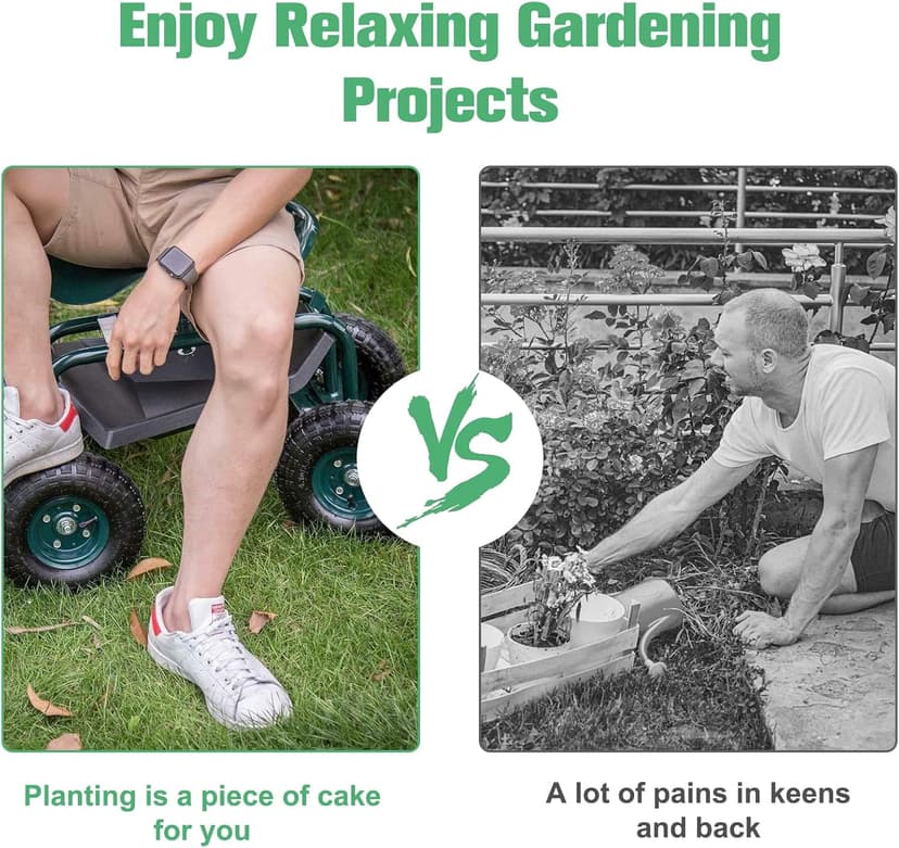 Peach Tree Garden Cart Rolling Work Seat with Tool Tray Heavy Duty Scooter Gardening Planting
