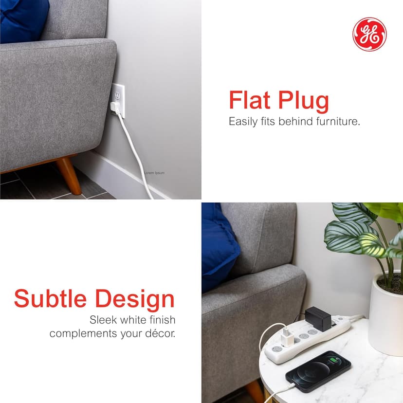 GE 6-Outlet Surge Protector, 20 Ft Extension Cord, Power Strip, 800 Joules, Flat Plug, Twist-to-Close Safety Covers, Protected Indicator Light, UL Listed, White, 50770