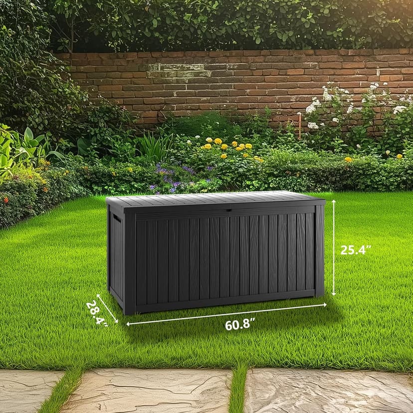 150 Gallon Waterproof Deck Box, Lockable Resin Storage Box for Patio Furniture Cushions Garden Tools and Outdoor Delivery Storage, Black