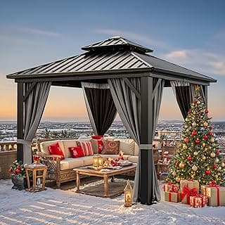 YITAHOME 10x10ft Hardtop Gazebo with Nettings and Curtains, Heavy Duty Double Roof Galvanized Steel Outdoor Combined of Vertical Stripes Roof for Patio, Backyard, Deck, Lawns, Gray
