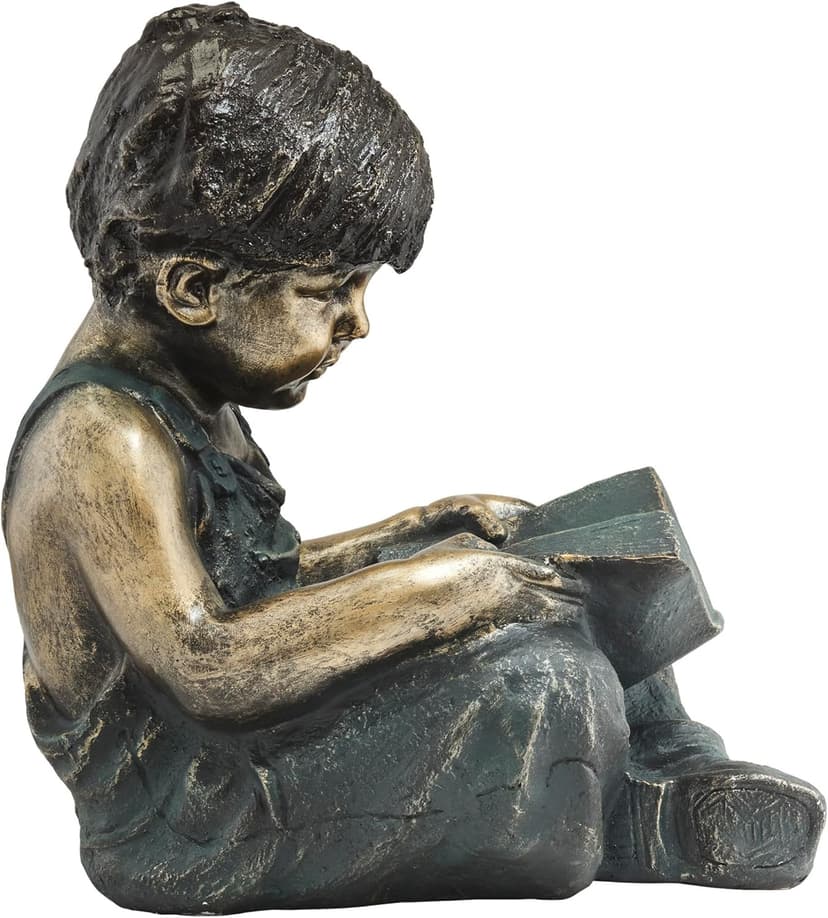 Alpine Corporation 19" Tall Indoor/Outdoor Boy Sitting Down Reading Book Statue Set Yard Art Decoration