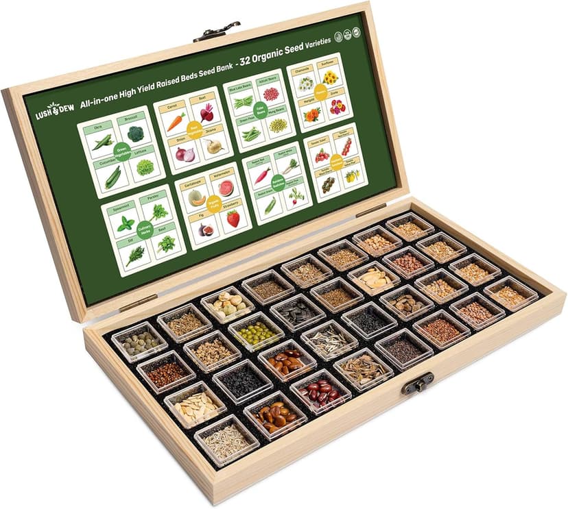 Raised Garden Bed Seed Bank, Gift for Mom Dad, 32 Varieties Non-GMO Seeds of Vegetables, Herbs, Flowers, Gardening Gifts for Women Men, Emergency Supplies, Survival Gear Food (Zone 3-11)