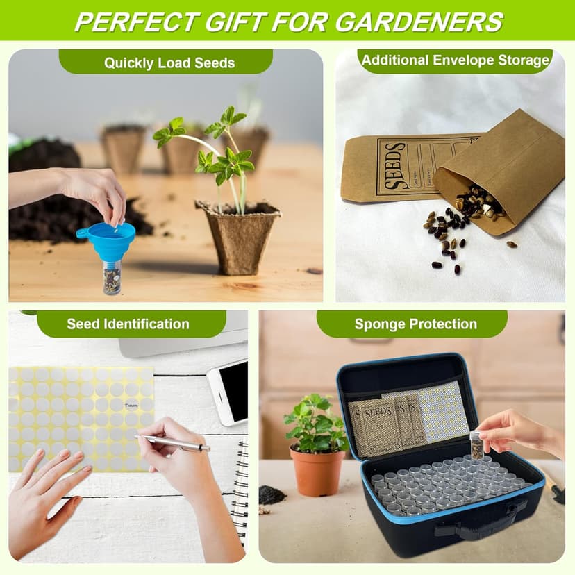 140 Slots Seed Storage Organizer Box with 20 Envelopes, Large Capacity Seed Storage Container with Zipper Bag, Label Stickers, Tweezers, Funnel, Garden Seeds Saver Kit for Vegetable, Flower