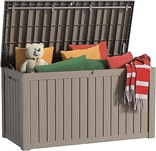 150 Gallon Outdoor Storage Box, Resin Waterproof UV-Resistant Deck Box with Hydraulic Lid Support, Reinforced Stability for Patio, Garden, and Poolside, Striped Beige